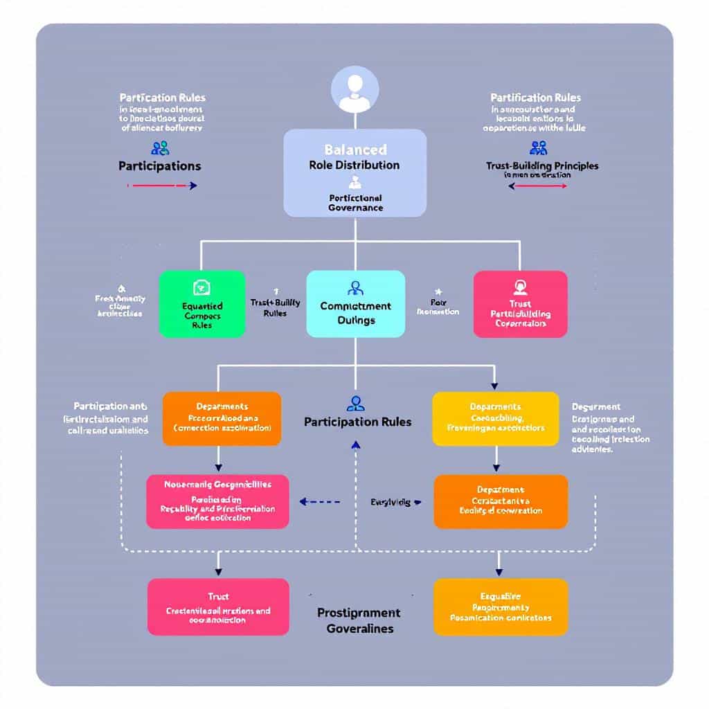 참여형 거버넌스의 균형 잡힌 역할 배분을 보여주는 조직도로, 참여 규칙, 신뢰 구축 원칙, 부서별 협력 및 공동 창출 요소가 포함되어 있습니다