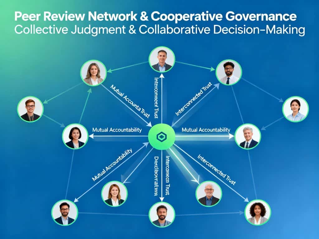 동료 검토 네트워크와 협력적 거버넌스를 나타내는 다이어그램으로, 중앙의 육각형을 중심으로 상호 책임성과 상호 연결된 신뢰로 연결된 다양한 전문가들의 네트워크가 표시되어 있습니다