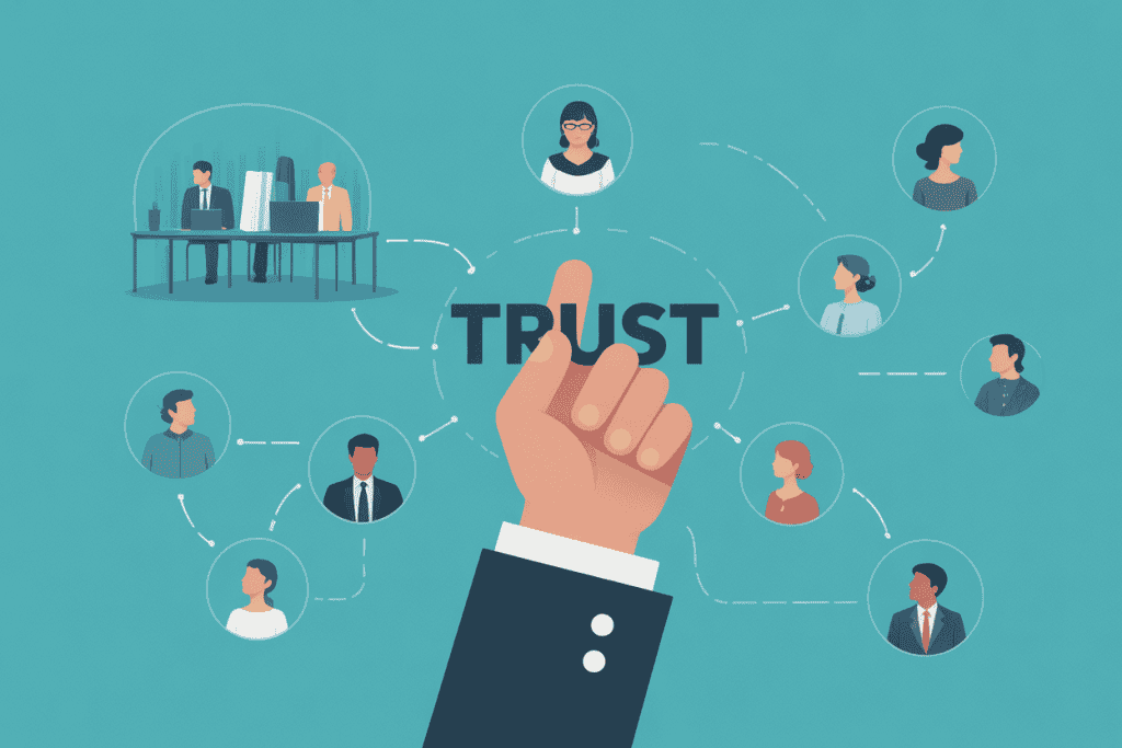 신뢰(TRUST)라는 단어를 가리키는 손과 그 주변에 연결된 다양한 사람들과 회의 장면의 아이콘이 있는 조직 신뢰 네트워크 개념 일러스트레이션