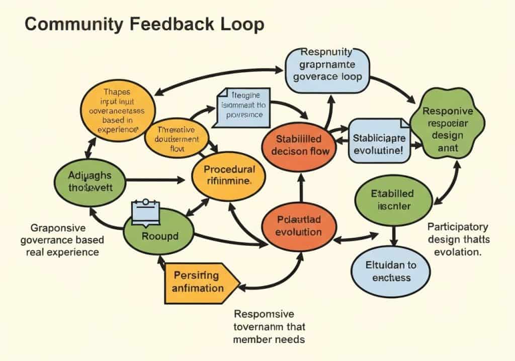 커뮤니티 피드백 루프 순환도로, 경험 기반 참여, 절차적 개선, 안정화된 의사결정 흐름, 반응형 설계 등의 단계가 화살표로 연결되어 있습니다