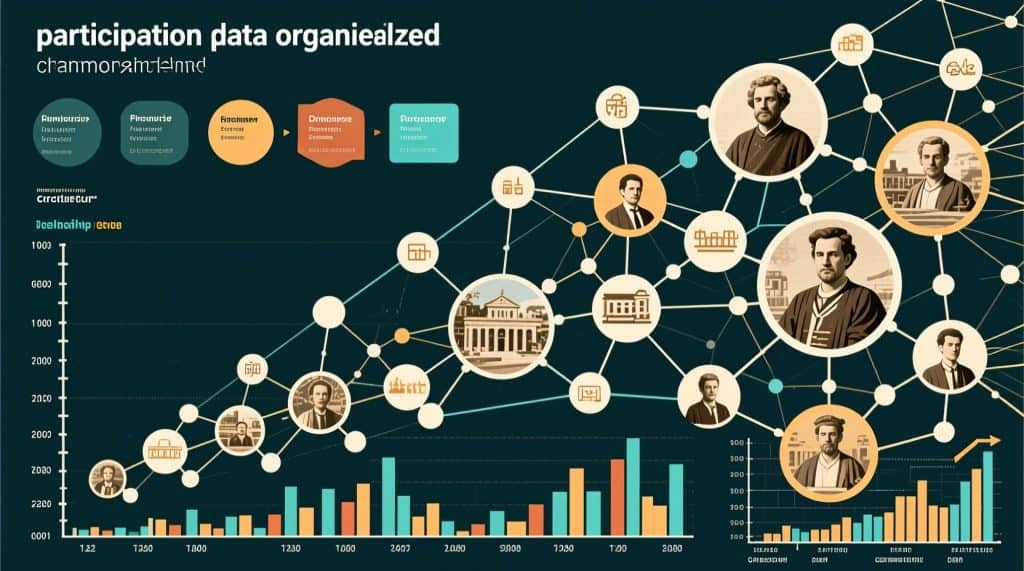 역사적 인물과 건물들이 네트워크로 연결된 참여 데이터 시각화 차트로, 시간대별 관계도 그래프와 하단의 막대 그래프가 포함되어 있습니다