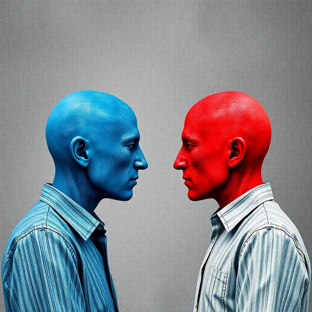 파란색과 빨간색으로 채색된 두 사람이 서로 마주보고 있는 대조적인 아트워크로, 회색 배경에 줄무늬 셔츠를 입고 있습니다