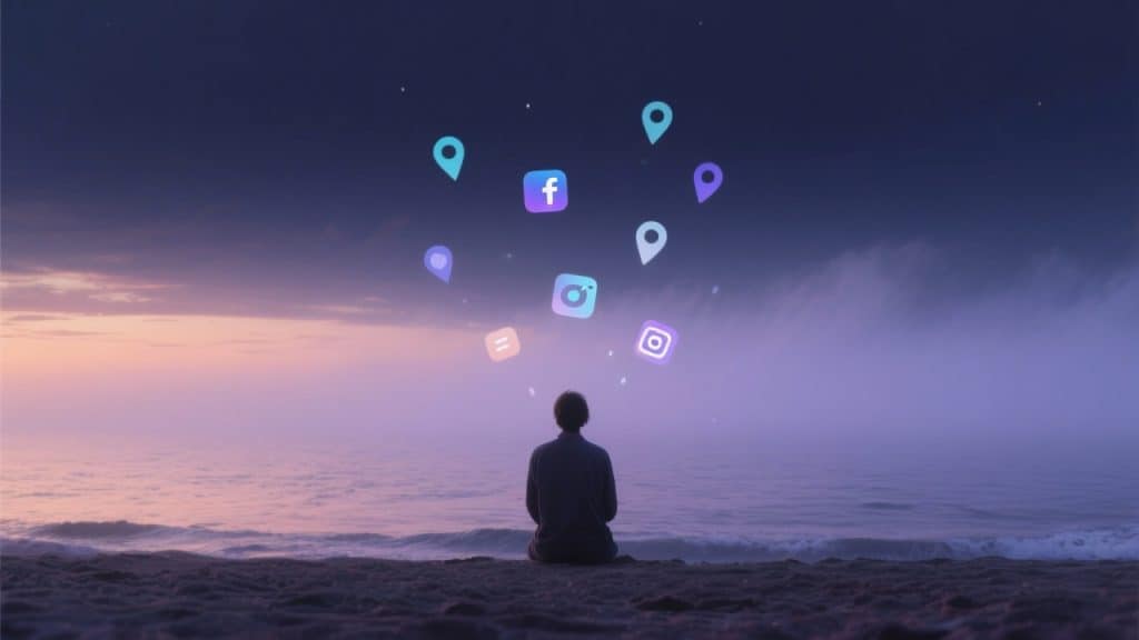 해변에서 소셜미디어 아이콘을 바라보는 명상 장면