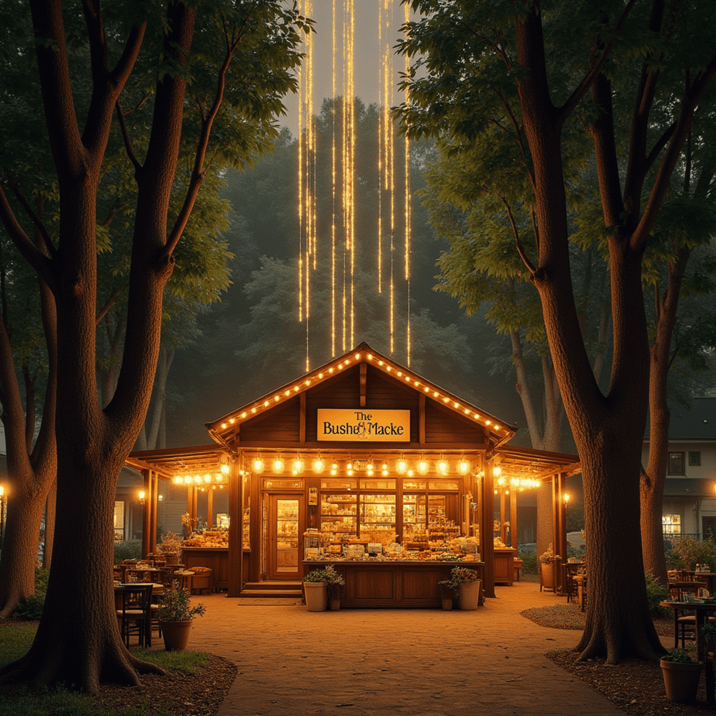 따뜻한 조명 아래 있는 숲속 카페와 야외 좌석 풍경
