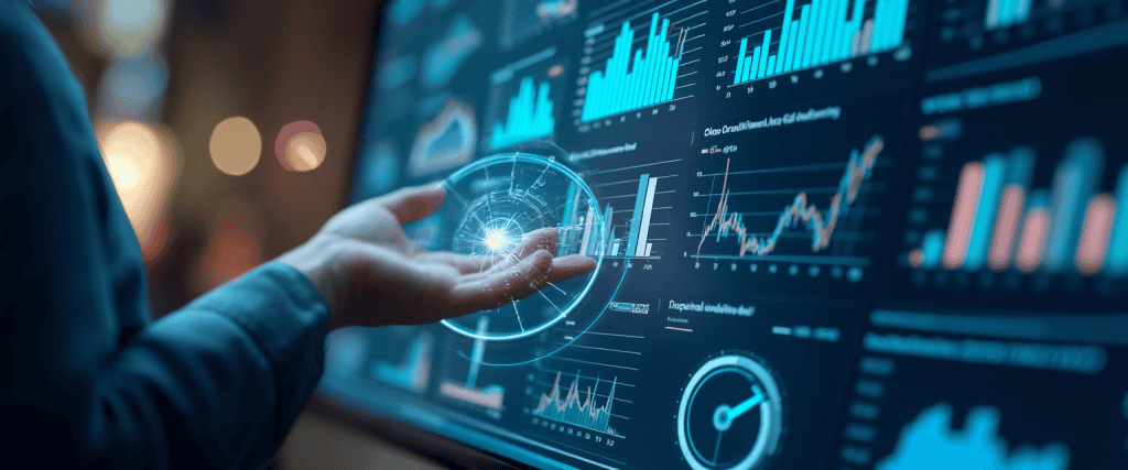 데이터 그래프와 차트를 분석하는 디지털 인터페이스