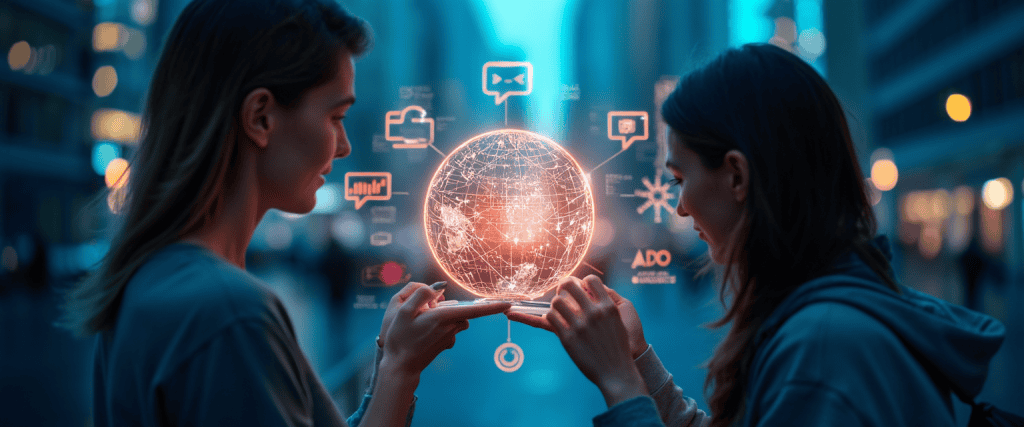 도심 속에서 홀로그램 지구를 바라보는 두 사람의 대화